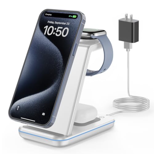 GEEKERA Wireless Charger, 3 in 1 Wireless Charging Station for iPhone Air/17/16/15/14/13/12/11/Pro Max/X/8, Phone and Watch Charger Stand for Apple Watch Ultra 3-2/11-2/SE, AirPods Pro/4/3/2, Silver - color: silver