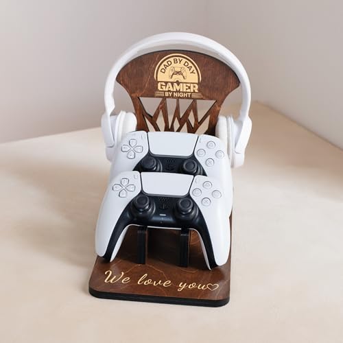 Wooden Controller Stand with Headphone Holder, Compatible with All Gaming Console, Gaming Desk Accesories, Gift for Gamers Boy, Son, Husband, Boyfriend, Gamer Organizer Rack - Puzzle - Brown - color: Brown