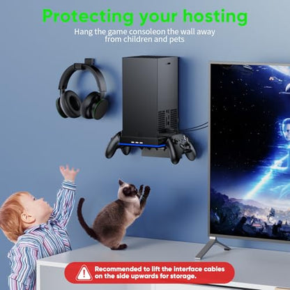 RGB Wall Mount for Xbox Series X -Sturdy Shelf Holder Load Up 10Kg | Integrated Ventilation, RGB Light, 3 USB Port, Prevent Falling, 2 Holder, Headphone Stand & Dust Cover Kit - Wall