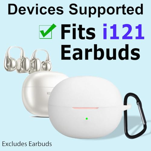 Silicone Protective Case for i121 Earbuds, Compatible with King Lucky Clip-On Open Ear Headphones, Full Cover Shockproof Anti-Scratch Case with Keychain Carabiner, Charging Port Access - color: White