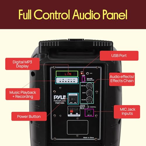 Pyle PSBT105A - 1000W Portable Bluetooth PA Speaker, 10'' Subwoofer, UHF Wireless Mic, MP3/USB/SD, Rechargeable Battery, LED Battery Indicator Lights, Black - size: 10 inches