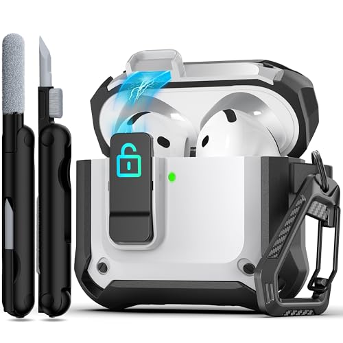 for AirPods 4 Case with Lock Magnetic Lid MagSafe, White | Compatible with Apple AirPods 4th Generation Protective Case with Cleaner Kit & Carabiner, Powerful Drop Protection - color: DHF-White, size: Airpods 4th Generation