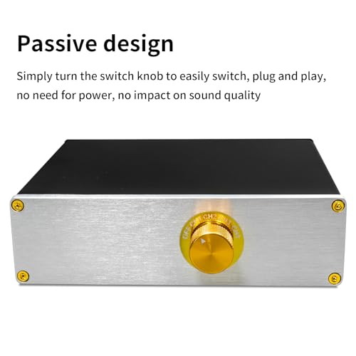 Hi-Fi Passive RCA Stereo Audio Switch Box 4 in 2 Out with Gold Jacks | Connect 4 devices IN to 2 OUT. Gold-plated jacks for pure sound. Solid aluminum case, no power supply. Perfect for Hi-Fi.