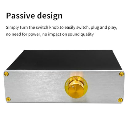 Hi-Fi Passive RCA Stereo Audio Switch Box 4 in 2 Out with Gold Jacks | Connect 4 devices IN to 2 OUT. Gold-plated jacks for pure sound. Solid aluminum case, no power supply. Perfect for Hi-Fi.