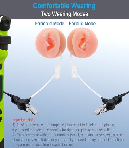 commountain Earpiece for Kenwood Baofeng 2-Pin Walkie Talkies Radios | Fits TK Series & UV-5R BF-F8HP and more, Acoustic Tube Surveillance Headset, Noise Reducing PTT Mic, Reinforced Cable