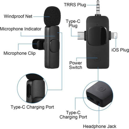 3 in 1 Wireless Lavalier Microphones for iPhone, iPad, Android, Camera, USB-C, 2.4GHz, Noise cancelation/Reduction, 70ft Range, for Video Recording, Live Streaming, Vlog, YouTube, TikTok