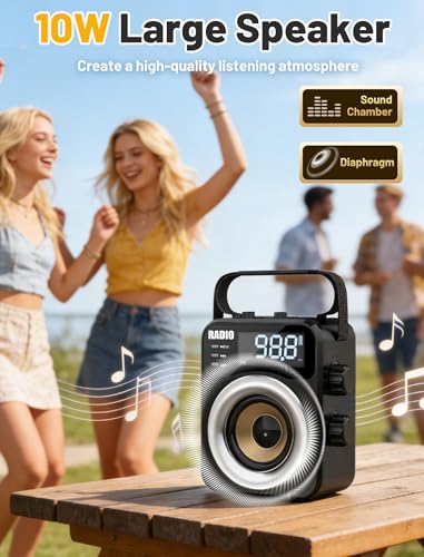 Portable AM/FM/WB/SW Radio, 4000mAh Rechargeable & 3×D Cell Battery Powered | Bluetooth Digital Radios 10W Speaker,TF/USB Playback,LCD Display Weather Alert For Home Outdoor Emergency