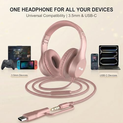 Wired Over-Ear Headphones, Mic, 3.5mm Jack, USB-C Adapter, Gold | Foldable over-ear headphones with soft cushions, inline mic, 3.5mm jack, and USB-C adapter for school, office, and travel. - color: Gold