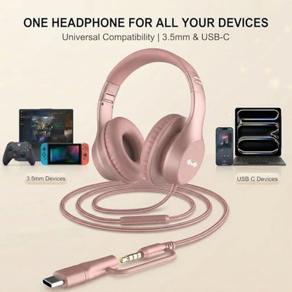 Wired Over-Ear Headphones, Mic, 3.5mm Jack, USB-C Adapter, Gold | Foldable over-ear headphones with soft cushions, inline mic, 3.5mm jack, and USB-C adapter for school, office, and travel. - color: Gold