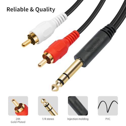 Gold-Plated 6.35mm 1/4 inch Male TRS Stereo Plug to 2 RCA Phono Male Audio Y Splitter Cable,Connector Wire Cord Plug (1.5M) - size: 6.35-TRS-2RCAM