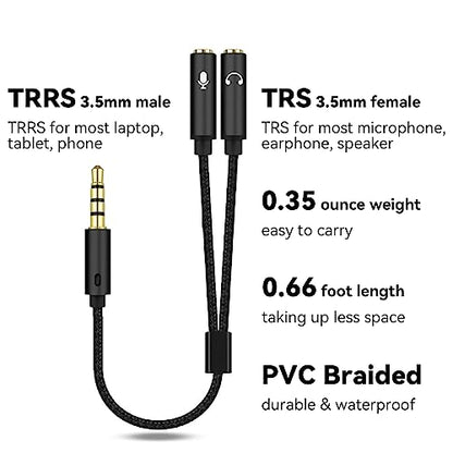 TRRS to TRS Adapter Splitter - 3.5mm 1/8" Audio Splitter Cable | TRRS Male to 2 TRS Female Cable Adapter, Aux Cord for iPhone Android Laptop Microhopone Earphone Speaker, Headphone Adapter