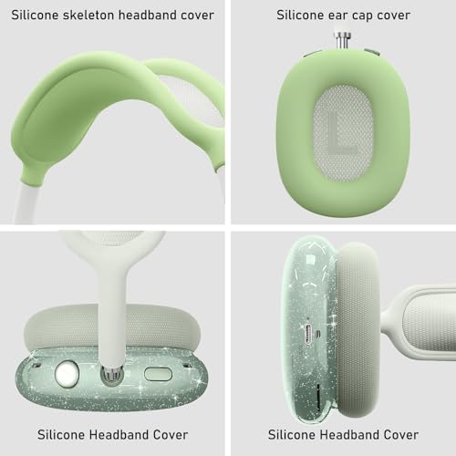for AirPods Max case Cover,Anti-Scratch Ear Pad Case Cover/Ear Cups Cover/Headband Cover for AirPods Max. Clear Soft TPU and Silicone,Skin Scratch Proof. - color: 3PC Glitter Matcha Green
