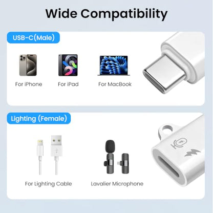 USB-C to Lighting Wireless Lavalier Microphone Adapter (2-Pack), Male USB-C to Female Light-ing, Compatible for Microphone/Charging