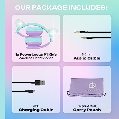 PowerLocus Bluetooth Headphones for Kids, Wireless Foldable Headphones Over Ear, Headphone with Microphone, 85DB Volume Limit, Wireless and Wired Headset with Micro SD, FM for Cellphones, Tablets, PC - color: Teal/Purple Cat Ears