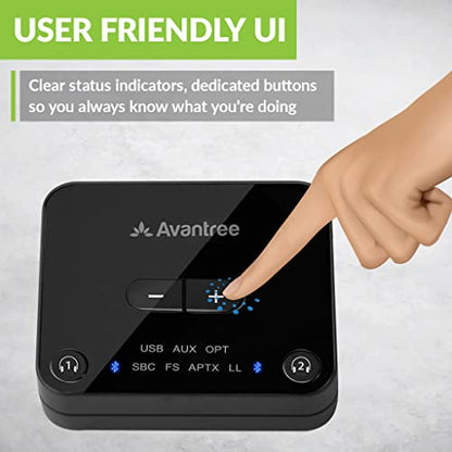 Avantree Audikast Plus – Bluetooth Audio Transmitter for TVs with Optical & AUX, Supports 2 Headphones, aptX-Adaptive Low Latency, Built-in Volume Control, 100ft Range - style: Audikast Plus
