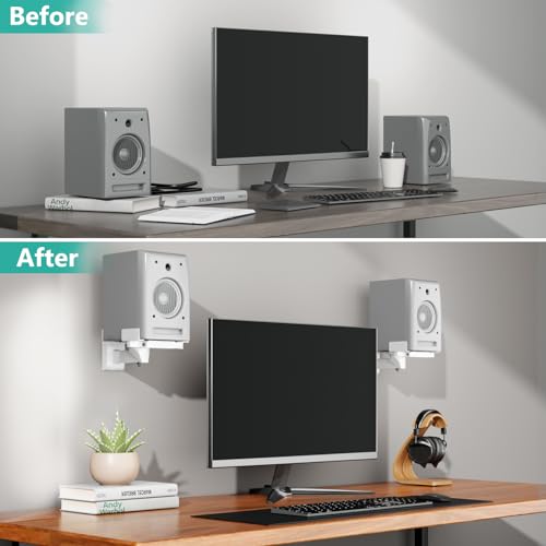 WALI Speaker Wall Mount, Surround Sound Speaker Stand with Adjustable Swivel Tilt Angle, Standard Bookshelf Speaker Mount for Living Room, Home Theater, Hold Up to 55 Lbs, (SWM201-W), 2 Pack, White