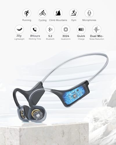 Bone Conduction Headphones IP67 Waterproof Wireless Bluetooth 5.2 Headset w/Dual CVC8.0 Noise-Canceling Mics Soft Silicone Sport Earphones for Running/Gym/Calls - color: Black