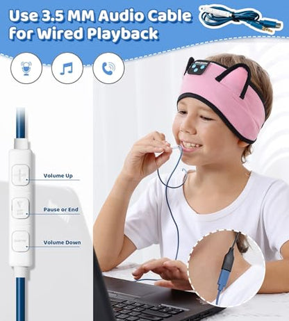 KIDSBAND Kids Headphones, Bluetooth Headphones for Kids with Wired Playback 3.5 MM Jack for School,Foldable Cat Ear Headset for Girls Boys Children,Kindle Tablet Cellphones Airplane Travel - color: Pink