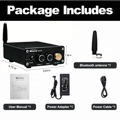 AS-33 Bluetooth Stereo Amplifier, 2 Channel Home Audio Component Amplifiers for Passive Speakers, Mini Class D Amp Audio Receiver Max 600W for Indoor, Outdoor, Garage, Ceiling, Bookshelf Speaker