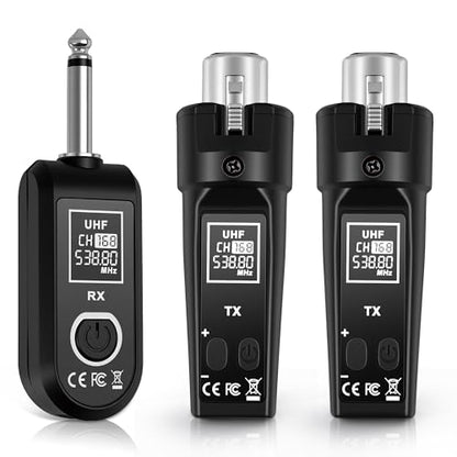 Ease of Use 2.4GHz Professional Wireless XLR Microphone System - 1 Receiver & 2 Transmitters, for Dynamic Mic, Audio Mixer, Electric Guitar & Bass