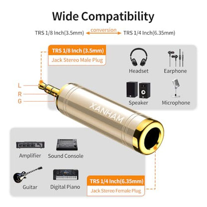 1/4 Inch 6.35mm Female to 1/8 Inch 3.5mm Male TRS Stereo Audio Jack Quarter Inch to Headphone Aux Adapter for Aux Cable, Smartphone, Laptop, Tablet, Speaker, etc. (2 Pack)