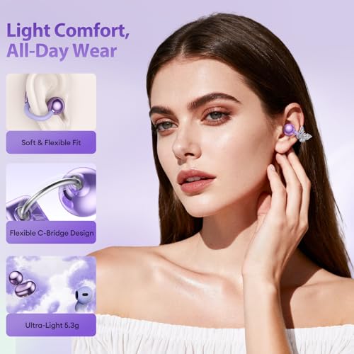 PAXA 3 in 1 Ctbuds Stylish Jewelry-Style Clip on Open Ear Headphones Wireless Earbuds, Instant Earring Mode, Ultra-Long 140H Play, Bluetooth 6.0, All-Day Wear for Work Fitness Daily Use, Purple - color: F-Purple-Butterfly Earring