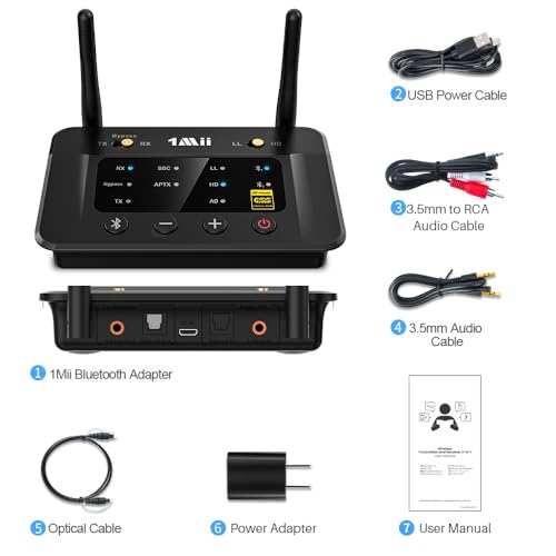 1Mii B03Pro Bluetooth 5.3 Transmitter Receiver for TV Home Stereo, Wireless Audio Adapter with Audiophile DAC & aptX Low Latency/HD/Adaptive, Volume Control, Dual Link, Optical RCA AUX Outputs/Inputs