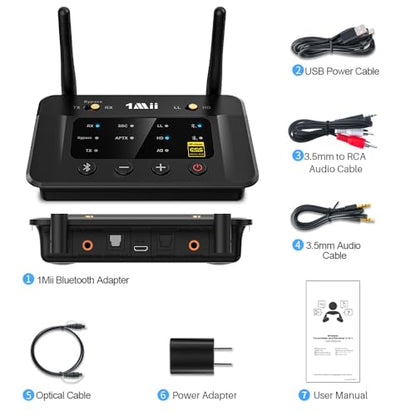 1Mii B03Pro Bluetooth 5.3 Transmitter Receiver for TV Home Stereo, Wireless Audio Adapter with Audiophile DAC & aptX Low Latency/HD/Adaptive, Volume Control, Dual Link, Optical RCA AUX Outputs/Inputs