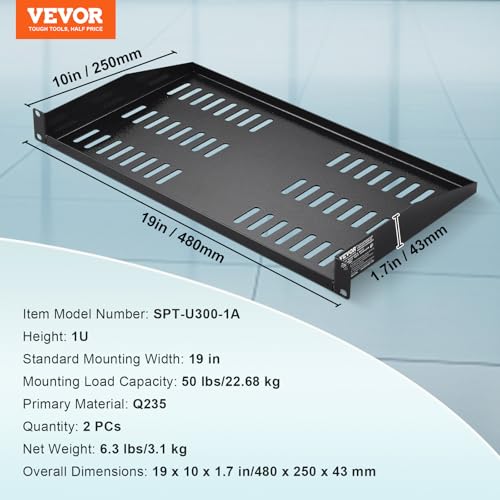 VEVOR 2PCS 1U Server Rack Shelf, Universal Vented Rack Mount Cantilever Tray for 19 inch Network Equipment Rack & Cabinet, 10" Deep Rack Mount Shelf, Weight Capacity 50 lbs Wall Mount Rack Shelf - size: 1U-2PCS