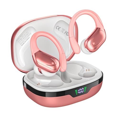 HAOYUYAN Wireless Earbuds, Sports Bluetooth Headphones, 80Hrs Playtime Ear Buds with LED Power Display, Noise Canceling Headset, IPX7 Waterproof Earphones for Workout/Running (Light Red)