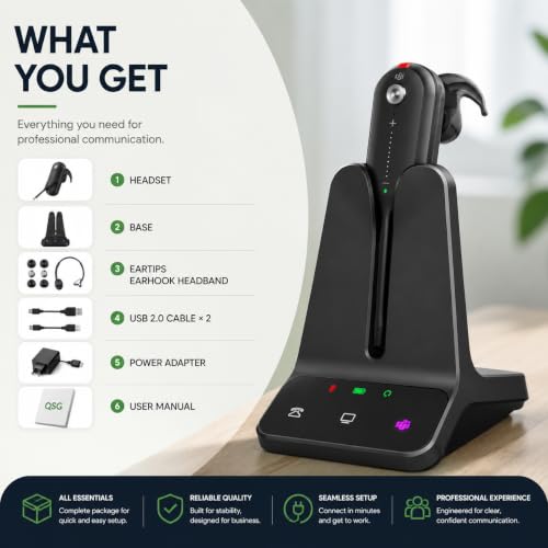 Yealink WH63 E2 Teams Wireless DECT Headset for Microsoft Teams, Convertible Mono Office Headset with Dual Noise Canceling Mics, Acoustic Shield, USB Base, 606 ft Range, 8H Talk Time