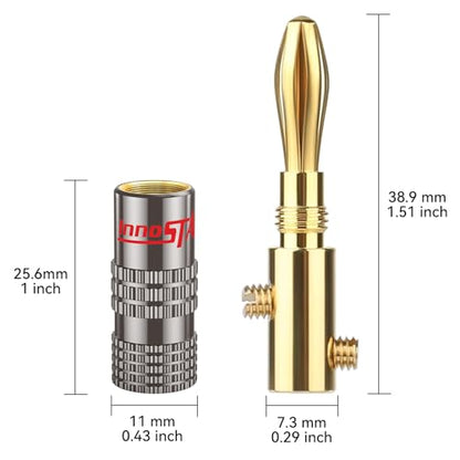 Banana Plug Gold Plated (4 Pair, 8 Pcs), Closed Dual Screws Design, Banana Connectors for All Speaker Wires with a Diameter from 0.75mm to 4mm, Wall Plate, Home Theater, Receiver, Amplifier - size: 4 Pairs / 8 Pcs, style: Bullet Pin Banana Plugs