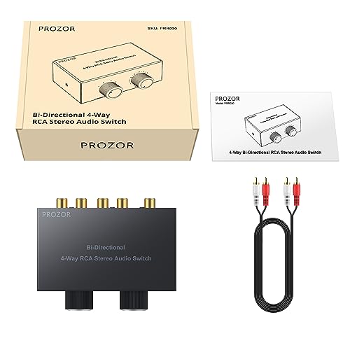 PROZOR 4-Way Stereo L/R Bi-Directional Audio Switcher 4X2/2X4 | Bi-Directional 2 in 4 Out or 4 in 2 Out, with Off Button No External Power Required, For DVD Stereo Speaker, CD Player - color: Black 4-2