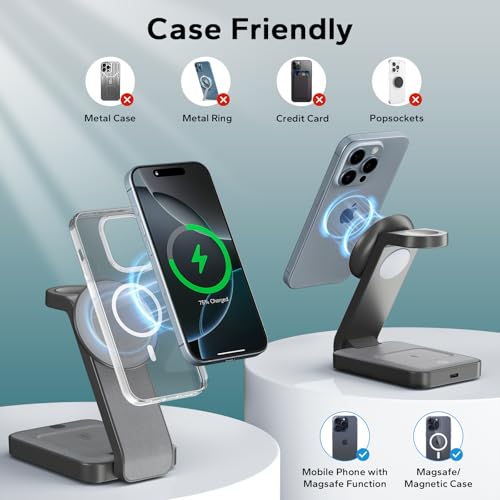 Eazpower 3 in 1 Foldable Wireless Charging Station for MagSafe, Nightstand Magnetic Charger Stand for iPhone 17 16 15 14 Pro Max, Travel Charging Dock with Night Light for Apple Watch/AirPods (Gray) - color: Gray
