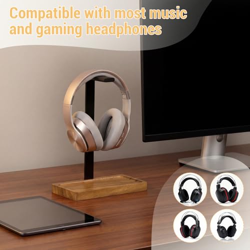 Wood Headphone Stand, Walnut Headset Stand for Desk, Universal Headphone Holder with Storage Base for Gaming, Music Headsets(Light Brown) - color: Light Brown