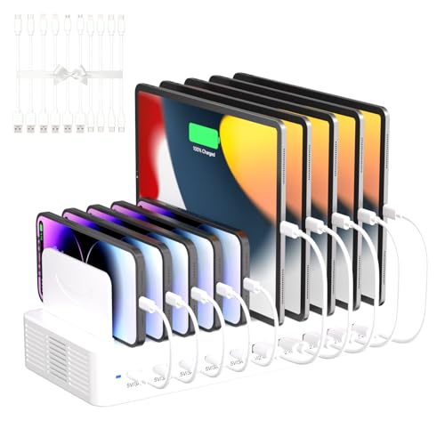 100W Charging Station for Multiple Devices, 10-Port USB Fast Charger, White | with Adjustable Dividers & 10 Cables- Multi Device Organizer Charging Dock for iPhone, iPad, Tablets & More - color: White