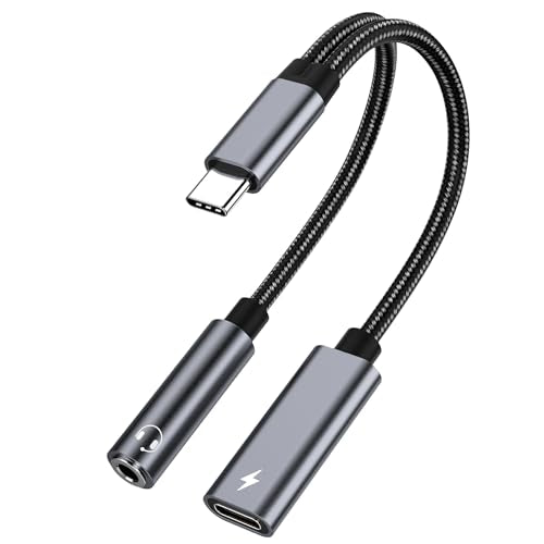 USB C to 3.5mm Headphone and Charger Adapter, 2 in 1 Jack Adapter Hi-Res DAC Fast Charging Dongle Cord Compatible with Google Pixel 5 4 3 XL, Galaxy S21/S21+ Note 10/20, Gray