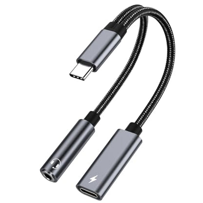 USB C to 3.5mm Headphone and Charger Adapter, 2 in 1 Jack Adapter Hi-Res DAC Fast Charging Dongle Cord Compatible with Google Pixel 5 4 3 XL, Galaxy S21/S21+ Note 10/20, Gray