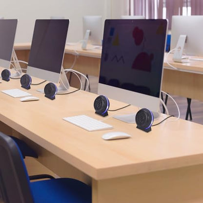ENHANCE SL2 USB Classroom Speakers — 2.0 Stereo Sound System, 3.5mm Input, in-Line Volume Control, Compact for Desks, Laptops & Chromebooks — Perfect for School Labs & Classrooms (Blue LEDs)