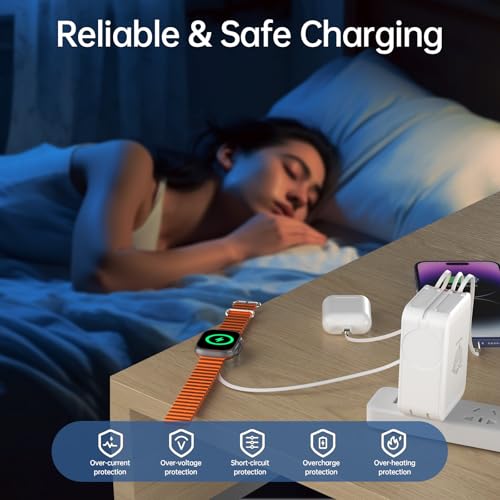 5-in-1 Retractable Apple Watch Charger, 35W Travel Wall Charger | Built-in 3.2ft USB-C, Older iPhone & Apple Watch Charging Cables, USB-A + USB-C Ports, Foldable Plug for Travel