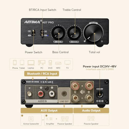 AIYIMA A07 Pro TPA3255 Stereo Amplifier Bluetooth 5.2 300Wx2 HiFi Class D Amp 2.0/2.1 Channel Audio Power Amp for Home Audio Speaker with Bass Treble knobs& 3.5mm Line Output,Supports 24-48V | Desktop Receiver with Bass/Treble Tone Controls.Class D Integr