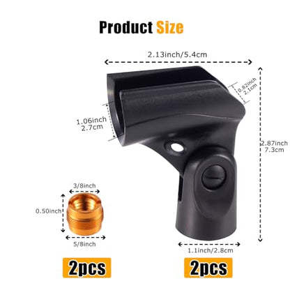 Adjustable Microphone Holder & Microphone Clip, Mic Clip for Microphone Stand, Fits Wired Handheld Microphones, Includes 5/8" Male to 3/8" Female Thread Adapter, 2 Pack