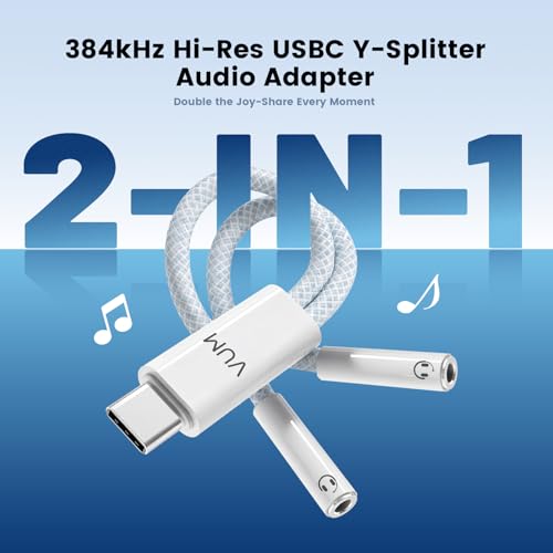 VUM USB-C to Dual 3.5mm Headphones Jack Hi-Res Audio Adapter Splitter | 32-bit/384kHz Hi-Res, TRRS HD Mic Input Supported, 1-in 2-Out Hi-Fi Stereo USBC Audio Splitter, OFC Cable with Silver-Plated