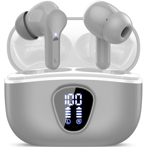 Wireless Earbuds, Bluetooth 5.4 Headphones HiFi Stereo, Bluetooth Earbuds | With ENC Noise Cancelling Mic, IP7 Waterproof in Ear Earphones, 48H, LED Display Ear buds for Pad Phones Workout Sports, Grey - color: Grey