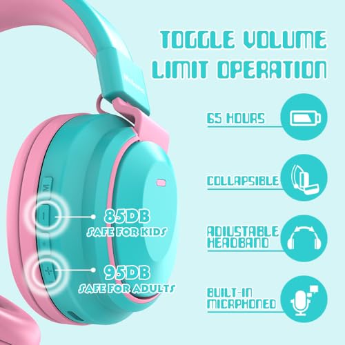 Mokata Kids Headphones Bluetooth 5.3 Wireless Lightweight Fast Charging 68 Hours Play Time Volume Limited 85/94dB Over Ear Foldable with Built-in Mic for Toddler Boy Girl Tablet Pad Cyan - color: Cyan