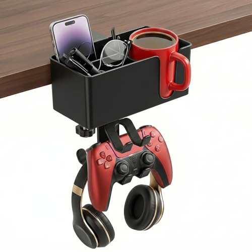 5 in 1 Desk Cup Holder Clamp, Detachable Pencil Holder | with Rotating Headphone Hanger & Controller Holder, Desk Organizer for Cup, Pen, Phone, Gaming Office Desk Accessories - color: With Two Controller Holders
