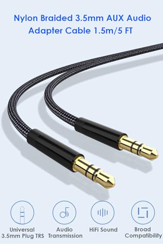 Mepsies 3.5mm Aux Audio Cable 5ft, Nylon Braided Auxiliary Cord, Stereo Audio Jack Adapter Cable for Headphone, Car Audio, Laptop, Smartphone, Home Stereos, Speaker and More