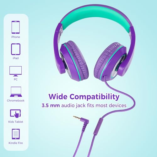 rockpapa Comfort+ Kids Headphones with Microphone, Boys Girls Student Over-Ear Headphones Wired Foldable for School Classroom Laptop PC Computer Tablet Purple Green - color: Purple/Teal