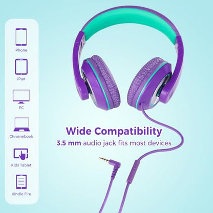 rockpapa Comfort+ Kids Headphones with Microphone, Boys Girls Student Over-Ear Headphones Wired Foldable for School Classroom Laptop PC Computer Tablet Purple Green - color: Purple/Teal