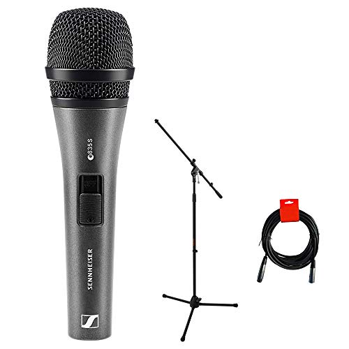 Sennheiser E835-S Dynamic Cardioid Vocal Microphone (on/off switch) with Tripod Mic Stand & XLR-XLR Cable Bundle